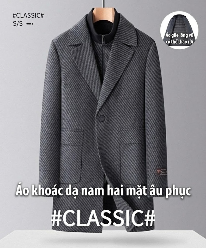 Áo Khoác Dạ Nam Hai Mặt Lót Lông Vũ Cổ Hai Lớp Màu Xám, Đen chi tiết 1