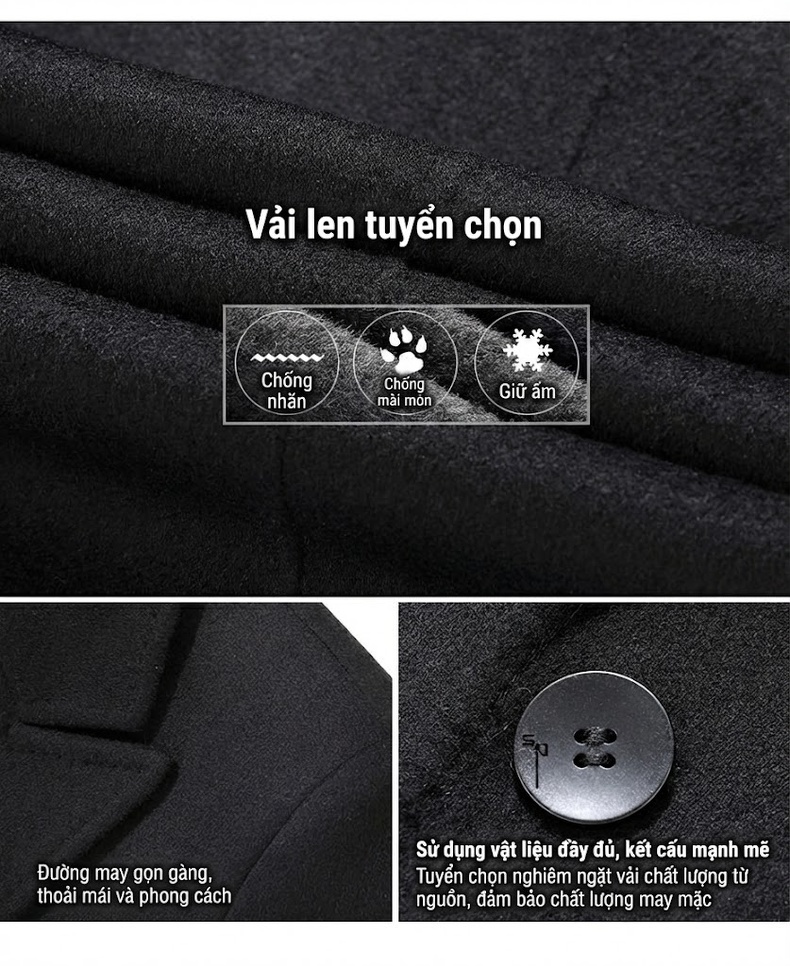 Áo Khoác Dạ Nam Hai Mặt Thủ Công Dáng Dài Có Lót Lông Vũ Tháo Rời Màu Đen, Xám, Nâu chi tiết 3