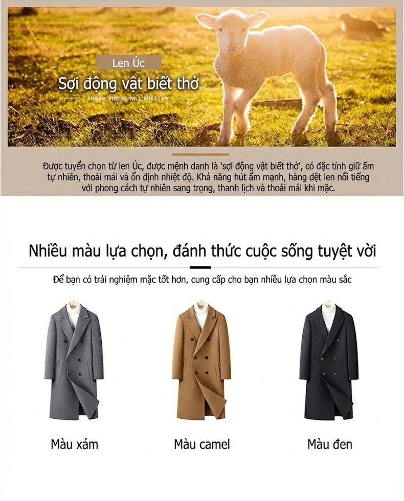 Áo Khoác Dạ Nam Hai Mặt Thủ Công Dáng Dài Có Lót Lông Vũ Tháo Rời Màu Đen, Xám, Nâu chi tiết 5
