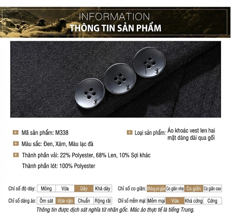 Áo Khoác Dạ Nam Hai Mặt Thủ Công Dáng Dài Có Lót Lông Vũ Tháo Rời Màu Đen, Xám, Nâu chi tiết 7