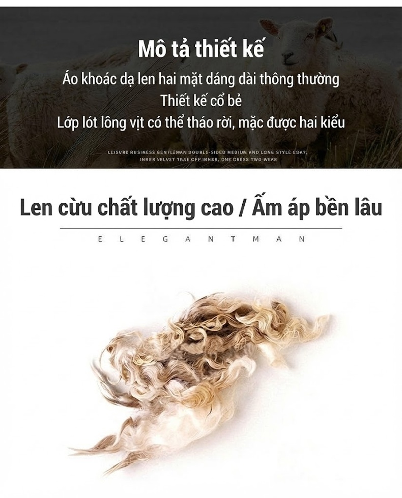 Áo Khoác Dạ Nam Hai Mặt Thủ Công Dáng Dài Vừa Cổ Bẻ Lót Lông Vũ Dày Dặn Màu Đen, Xám, Xanh Navy chi tiết 2