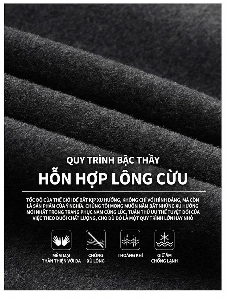 Áo Khoác Dạ Nam Hai Mặt Thủ Công Dáng Dài Vừa Cổ Bẻ Lót Lông Vũ Dày Dặn Màu Đen, Xám, Xanh Navy chi tiết 4