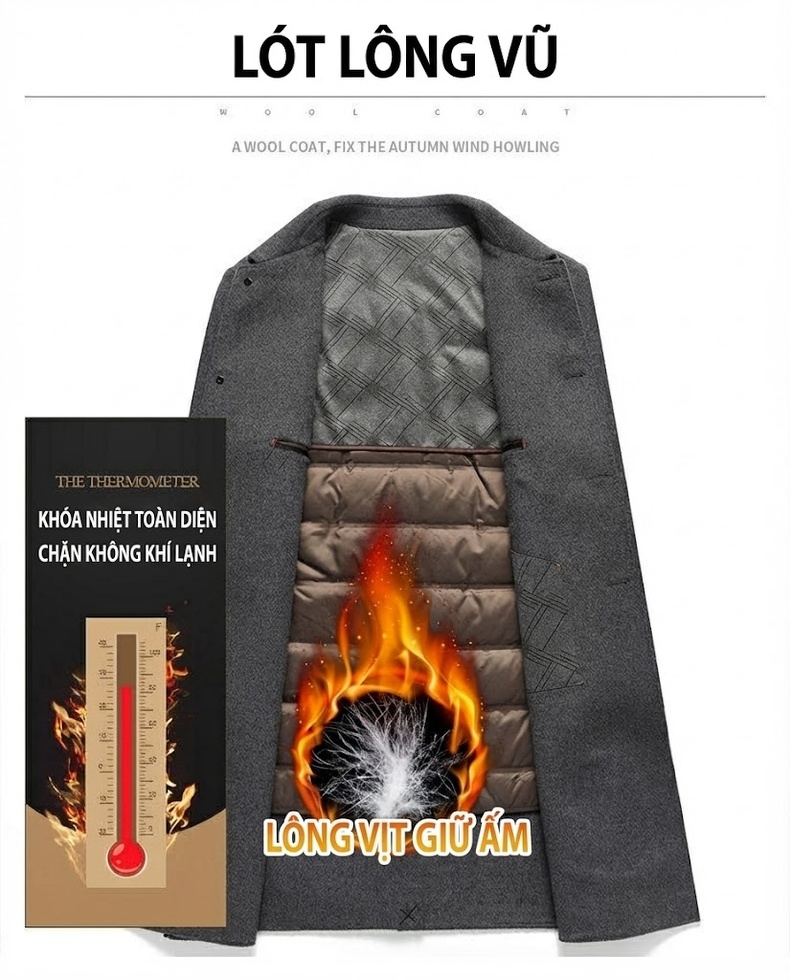 Áo Khoác Dạ Nam Hai Mặt Thủ Công Dáng Dài Vừa Cổ Bẻ Lót Lông Vũ Dày Dặn Màu Đen, Xám, Xanh Navy chi tiết 6