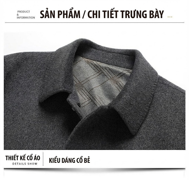 Áo Khoác Dạ Nam Hai Mặt Thủ Công Dáng Dài Vừa Cổ Bẻ Lót Lông Vũ Dày Dặn Màu Đen, Xám, Xanh Navy chi tiết 17