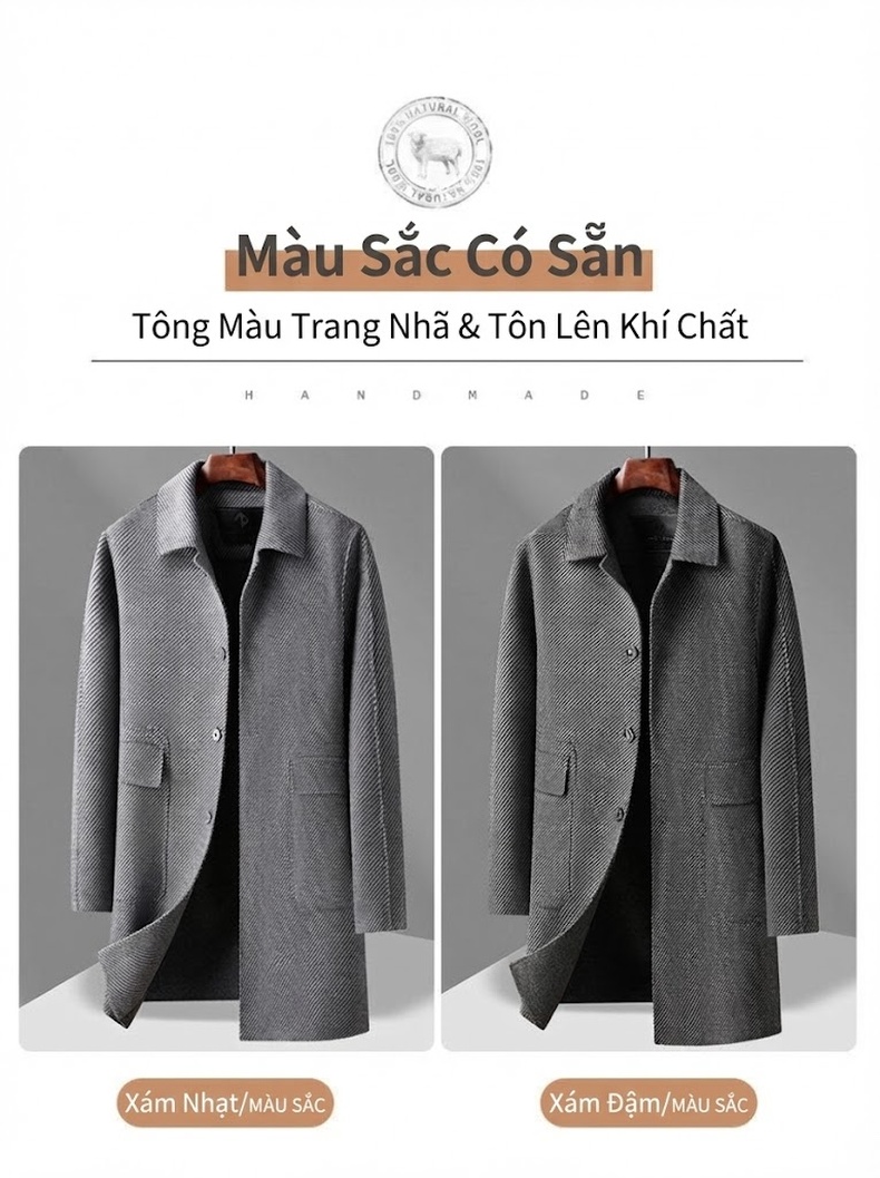 Áo Khoác Dạ Nam Hai Mặt Trung Niên Dáng Dài Vừa Cổ Bẻ Túi Hộp Màu Xám chi tiết 6
