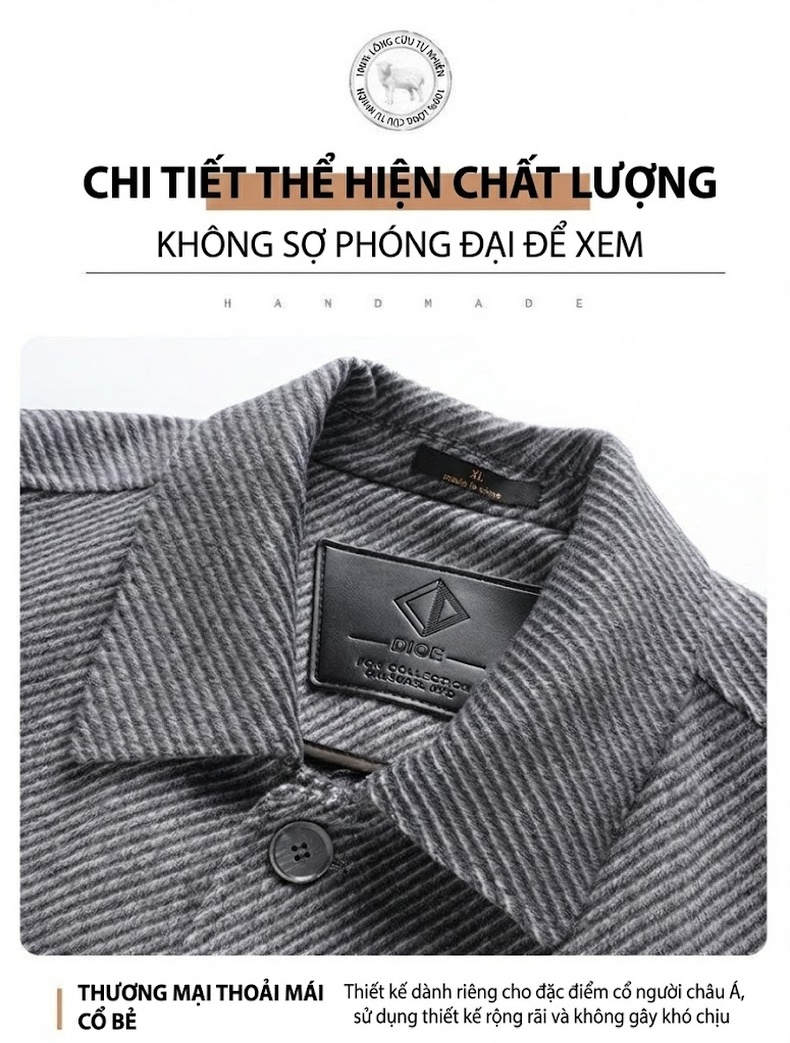 Áo Khoác Dạ Nam Hai Mặt Trung Niên Dáng Dài Vừa Cổ Bẻ Túi Hộp Màu Xám chi tiết 4
