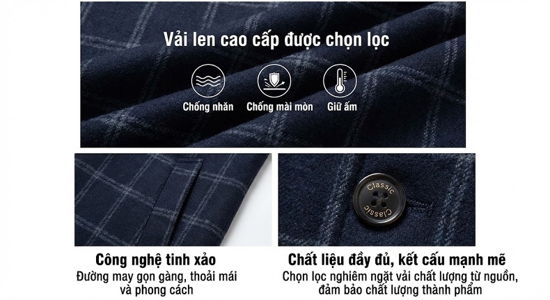 Áo Khoác Dạ Nam Kẻ Ô Hai Mặt Dày Dặn Dáng Dài Màu Xám, Xanh Navy chi tiết 4