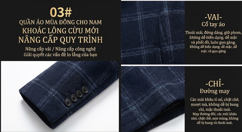 Áo Khoác Dạ Nam Kẻ Ô Hai Mặt Dày Dặn Dáng Dài Màu Xám, Xanh Navy chi tiết 7