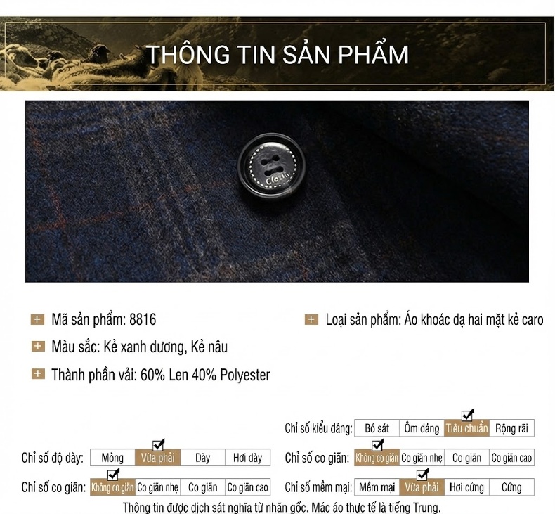 Áo Khoác Dạ Nam Kẻ Ô Hai Mặt Dày Dặn Dáng Dài Màu Xám, Xanh Navy chi tiết 8