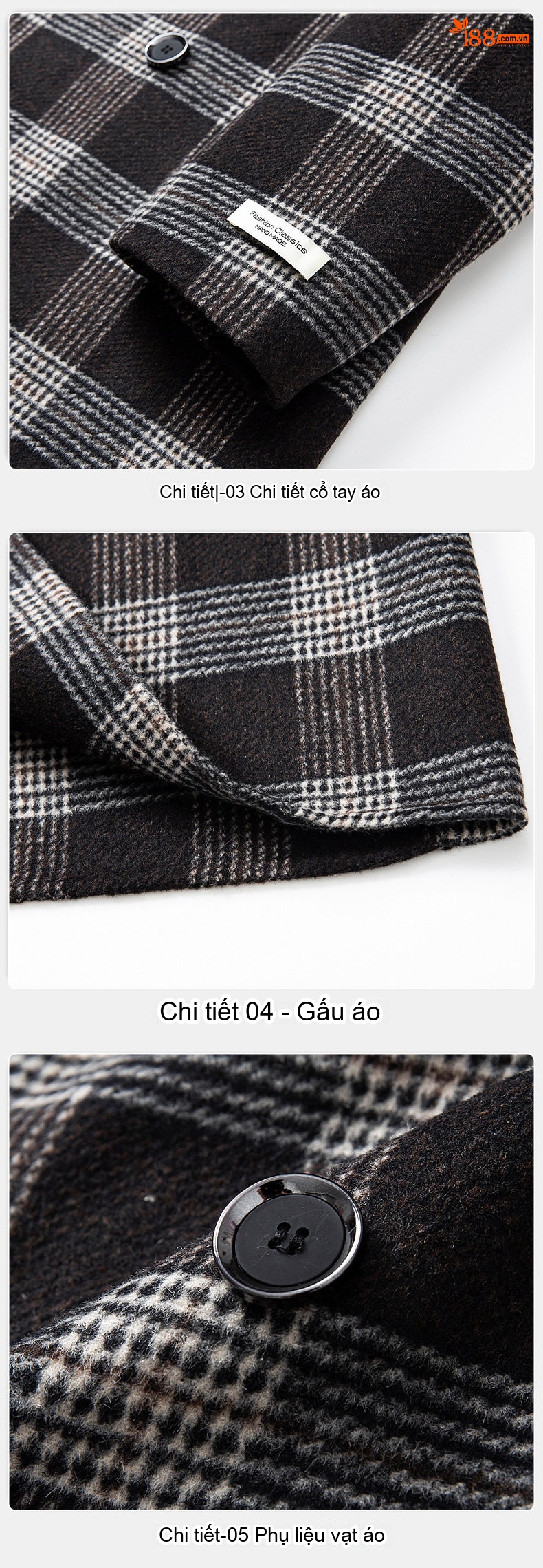 Áo Khoác Dạ Nam Kẻ Ô Vuông Lông Cừu Dày Dặn Dáng Dài Màu Đen, Xám chi tiết 16