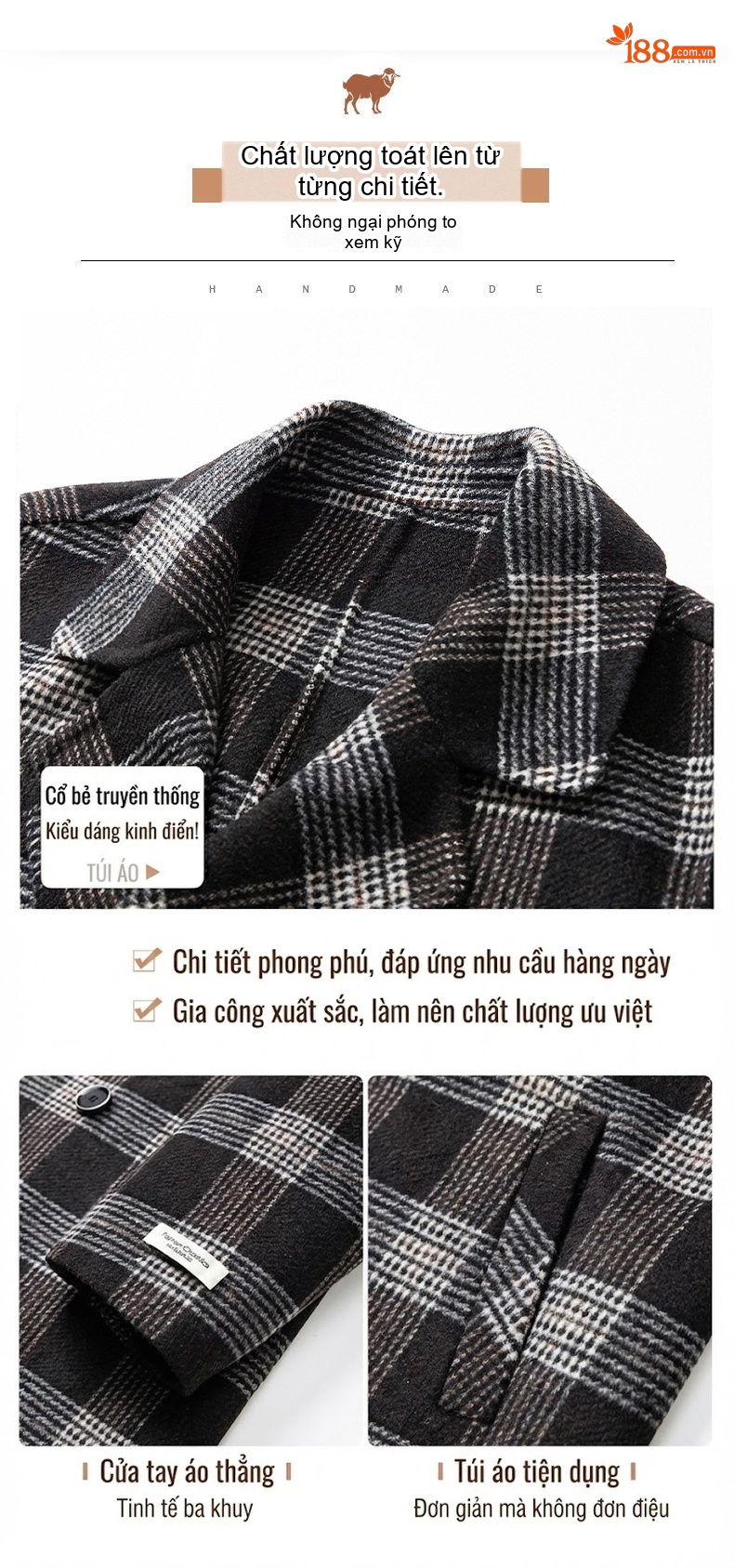 Áo Khoác Dạ Nam Kẻ Ô Vuông Lông Cừu Dày Dặn Dáng Dài Màu Đen, Xám chi tiết 8
