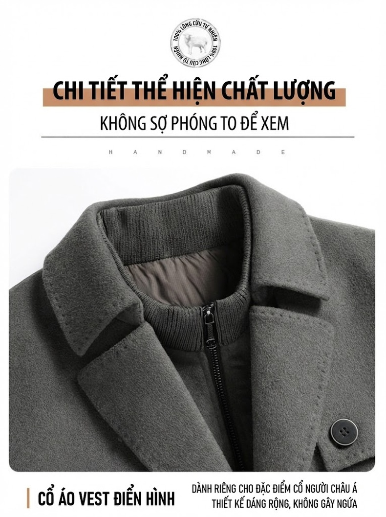 Áo Khoác Dạ Nam Kèm Gile Lông Vũ Có Thể Tháo Rời Màu Đen, Xám chi tiết 12