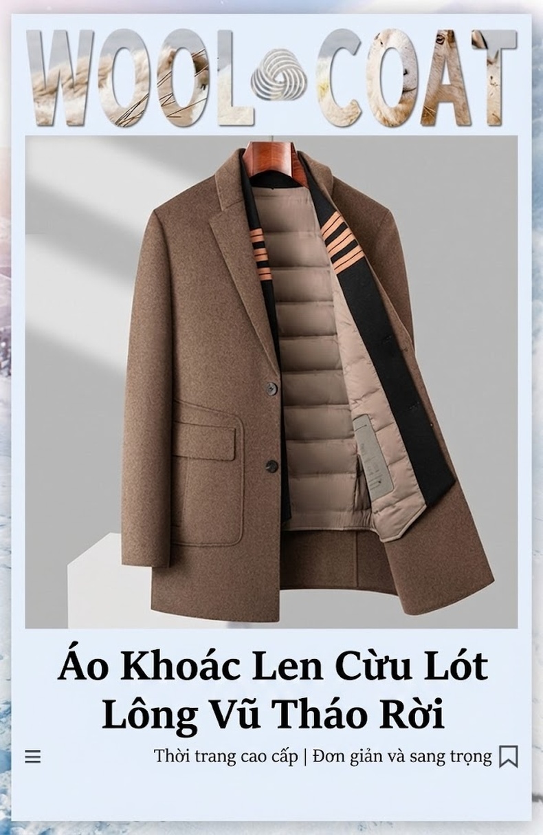 Áo Khoác Dạ Nam Lông Cừu Áo Gile Lót Lông Vũ Cổ Khăn Quàng Cài Nút Màu Đen, Nâu, Xám chi tiết 1