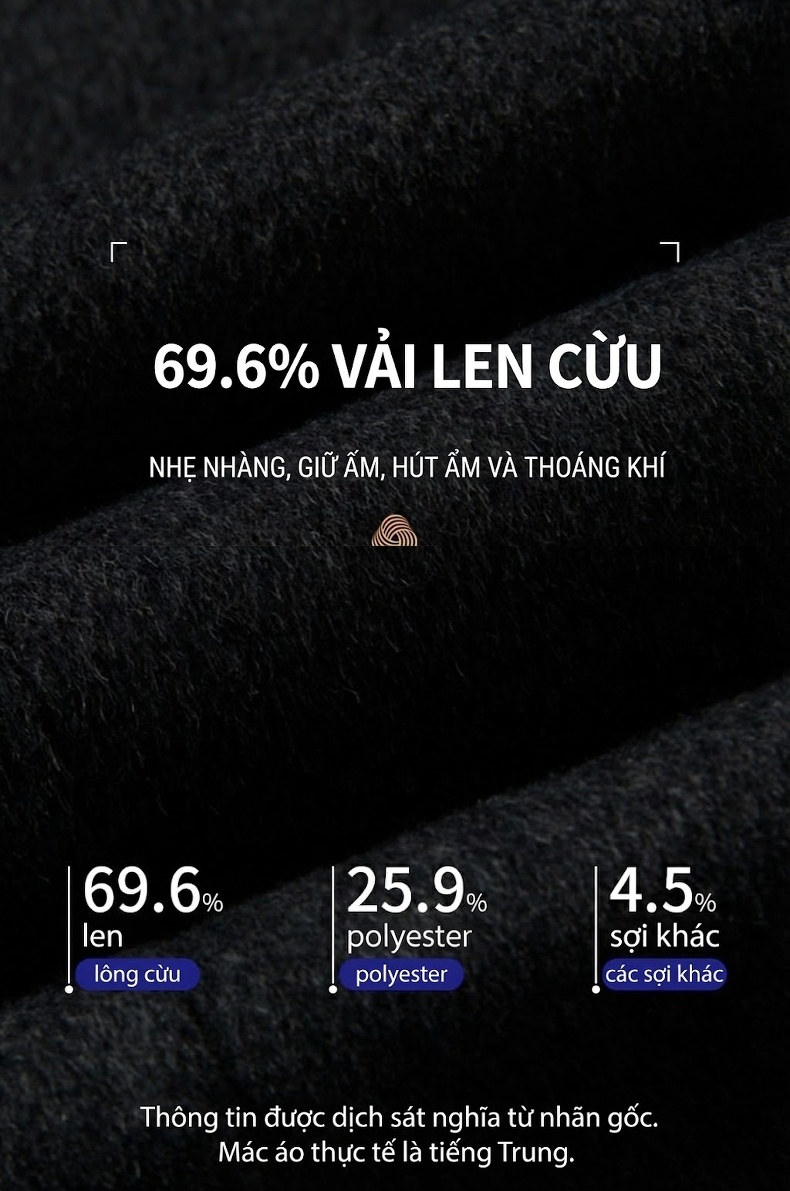 Áo Khoác Dạ Nam Lông Cừu Áo Gile Lót Lông Vũ Cổ Khăn Quàng Cài Nút Màu Đen, Nâu, Xám chi tiết 3