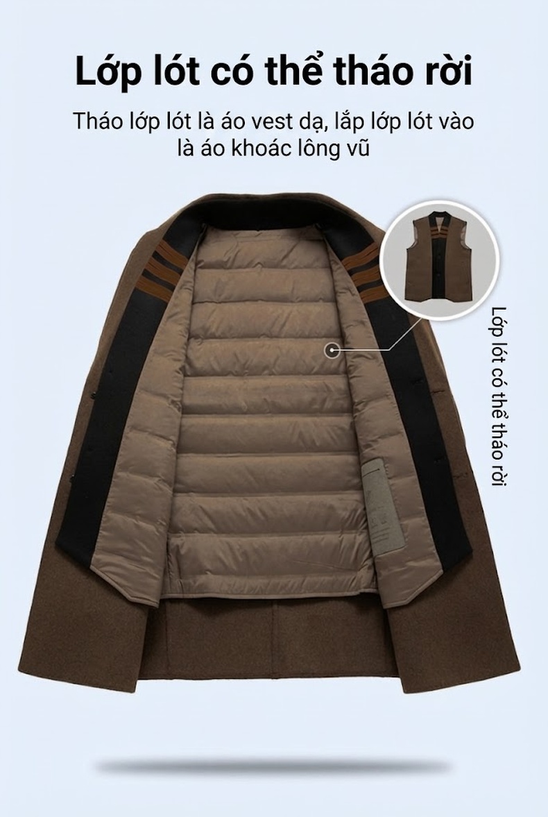 Áo Khoác Dạ Nam Lông Cừu Áo Gile Lót Lông Vũ Cổ Khăn Quàng Cài Nút Màu Đen, Nâu, Xám chi tiết 7