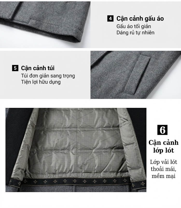 Áo Khoác Dạ Nam Lông Cừu Áo Vest Giữ Ấm Dáng Vest Trung Niên Màu Đen, Xám chi tiết 14
