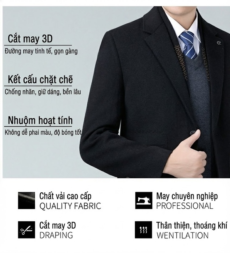 Áo Khoác Dạ Nam Lông Cừu Áo Vest Giữ Ấm Dáng Vest Trung Niên Màu Đen, Xám chi tiết 2