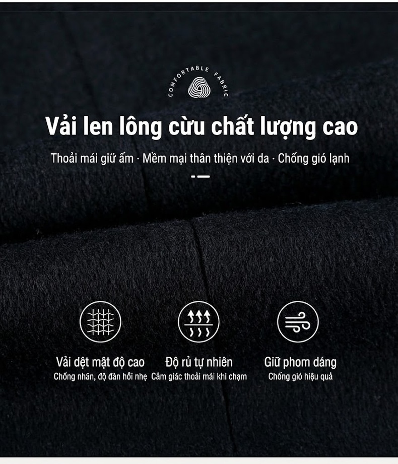 Áo Khoác Dạ Nam Lông Cừu Có Lót Lông Vũ Ấm Áp Phong Cách Doanh Nhân Màu Đen chi tiết 5