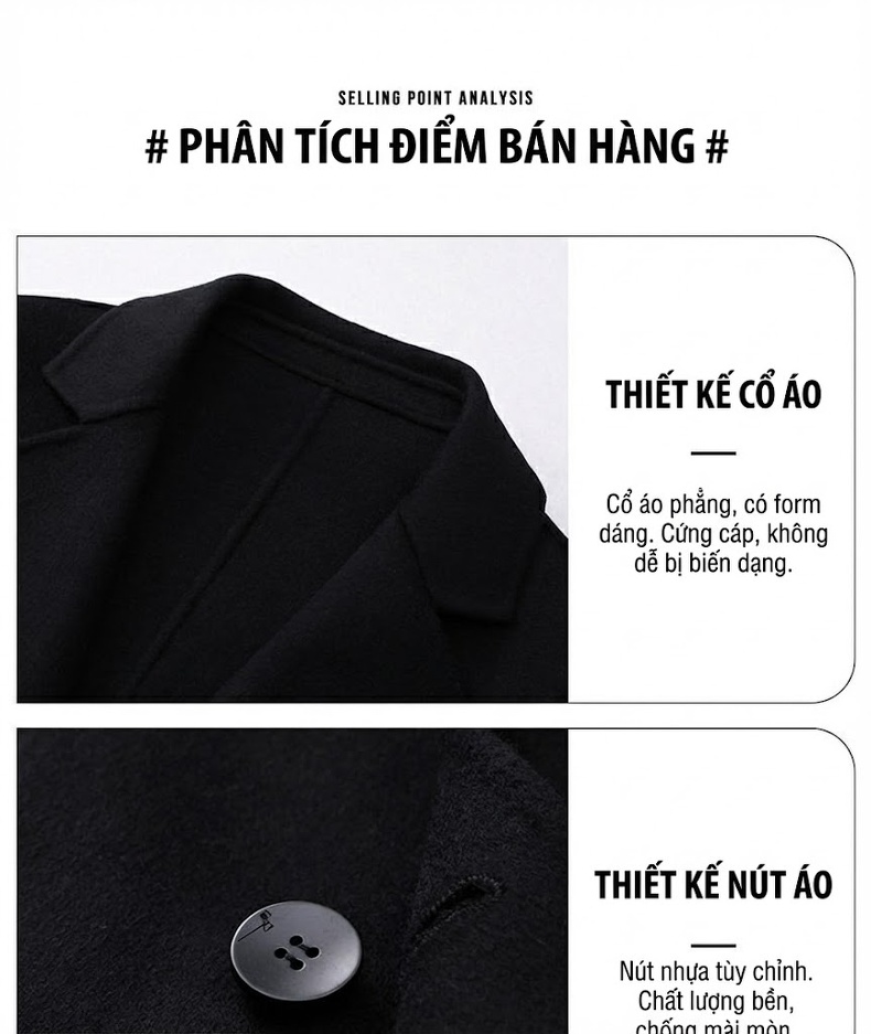 Áo Khoác Dạ Nam Lông Cừu Dáng Dài Phong Cách Anh Quốc Màu Đen chi tiết 4