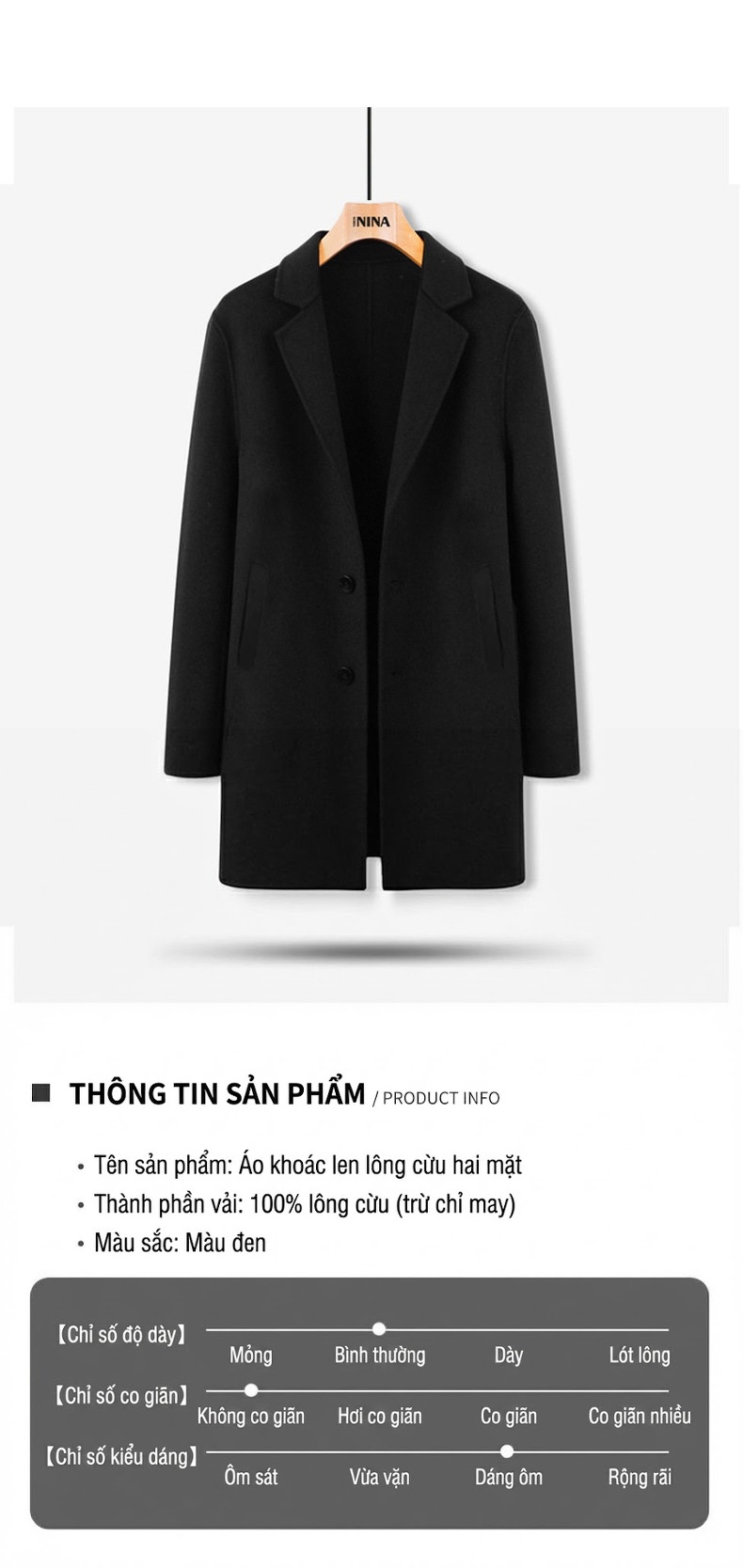 Áo Khoác Dạ Nam Lông Cừu Dáng Dài Phong Cách Anh Quốc Màu Đen chi tiết 1