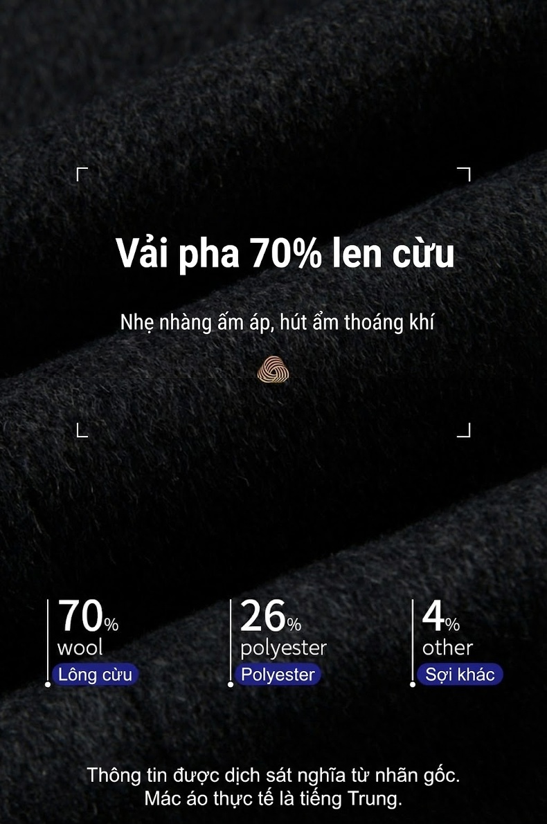 Áo Khoác Dạ Nam Lông Cừu Dáng Dài Trung Niên Có Lớp Lót Lông Vũ Tháo Rời Màu Xám, Đen, Xanh Navy chi tiết 3