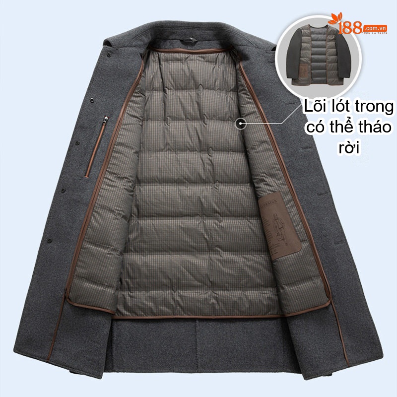 Áo Khoác Dạ Nam Lông Cừu Dáng Dài Trung Niên Có Lớp Lót Lông Vũ Tháo Rời Màu Xám, Đen, Xanh Navy
