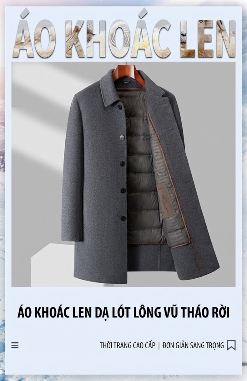 Áo Khoác Dạ Nam Lông Cừu Dáng Dài Trung Niên Có Lớp Lót Lông Vũ Tháo Rời Màu Xám, Đen, Xanh Navy chi tiết 1