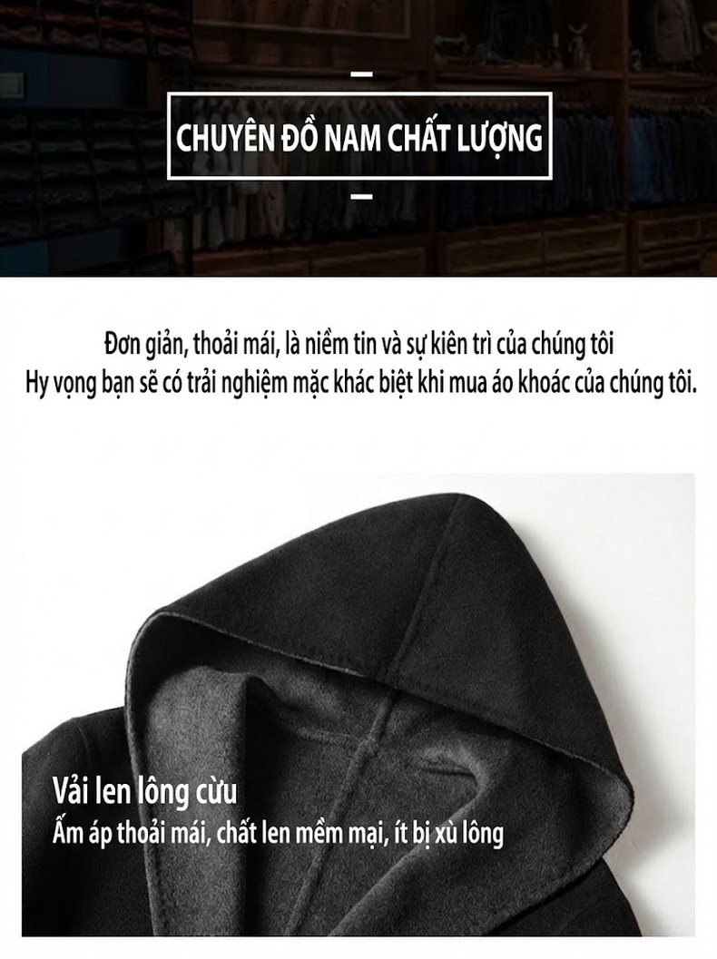 Áo Khoác Dạ Nam Lông Cừu Dáng Dài Vừa Hai Mặt Có Mũ Trùm Đầu Phong Cách Doanh Nhân Màu Nâu, Đen chi tiết 5