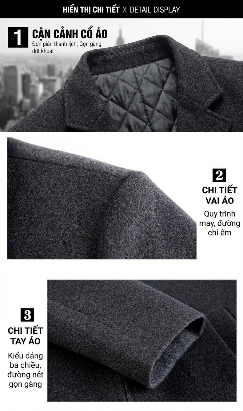 Áo Khoác Dạ Nam Lông Cừu Dáng Ngắn Cổ Bẻ Lót Lông Vũ Giữ Ấm Màu Xanh Navy, Xám chi tiết 16