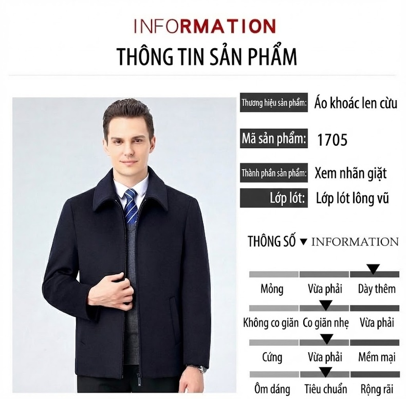 Áo Khoác Dạ Nam Lông Cừu Dáng Ngắn Cổ Bẻ Lót Lông Vũ Giữ Ấm Màu Xanh Navy, Xám chi tiết 5