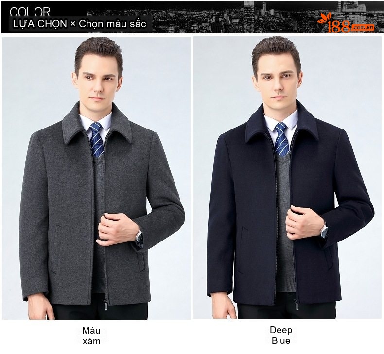 Áo Khoác Dạ Nam Lông Cừu Dáng Ngắn Cổ Bẻ Lót Lông Vũ Giữ Ấm Màu Xanh Navy, Xám chi tiết 6