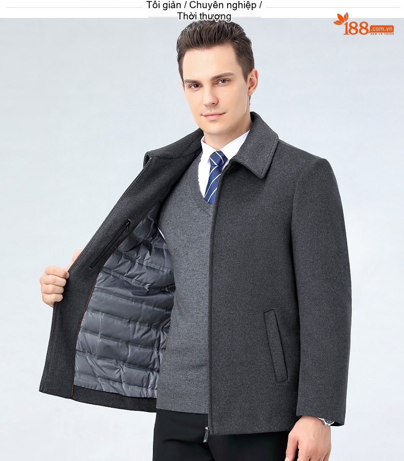 Áo Khoác Dạ Nam Lông Cừu Dáng Ngắn Cổ Bẻ Lót Lông Vũ Giữ Ấm Màu Xanh Navy, Xám chi tiết 9