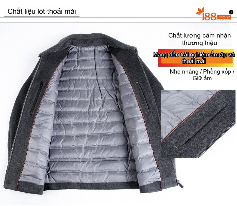 Áo Khoác Dạ Nam Lông Cừu Dáng Ngắn Cổ Bẻ Lót Lông Vũ Giữ Ấm Màu Xanh Navy, Xám chi tiết 15