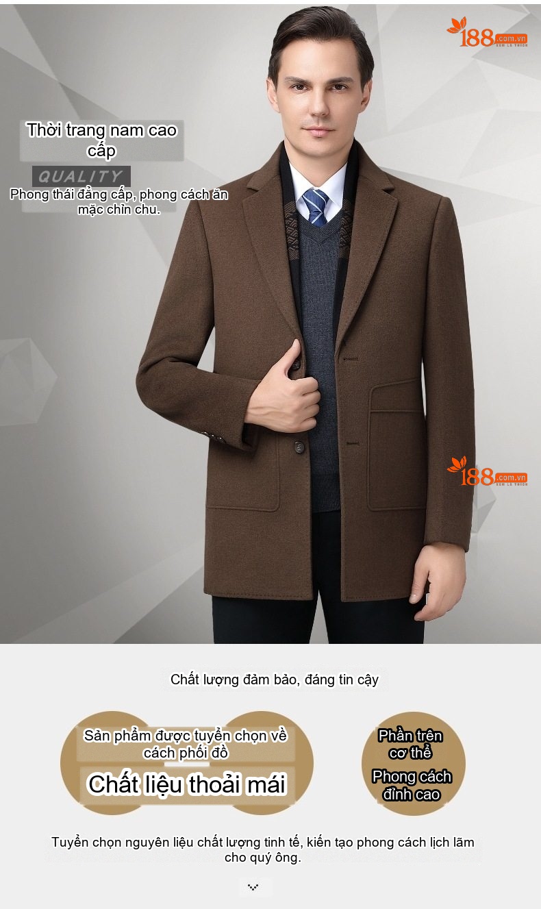 Áo Khoác Dạ Nam Lông Cừu Dáng Vest Trung Niên Giữ Ấm Màu Đen, Nâu chi tiết 1