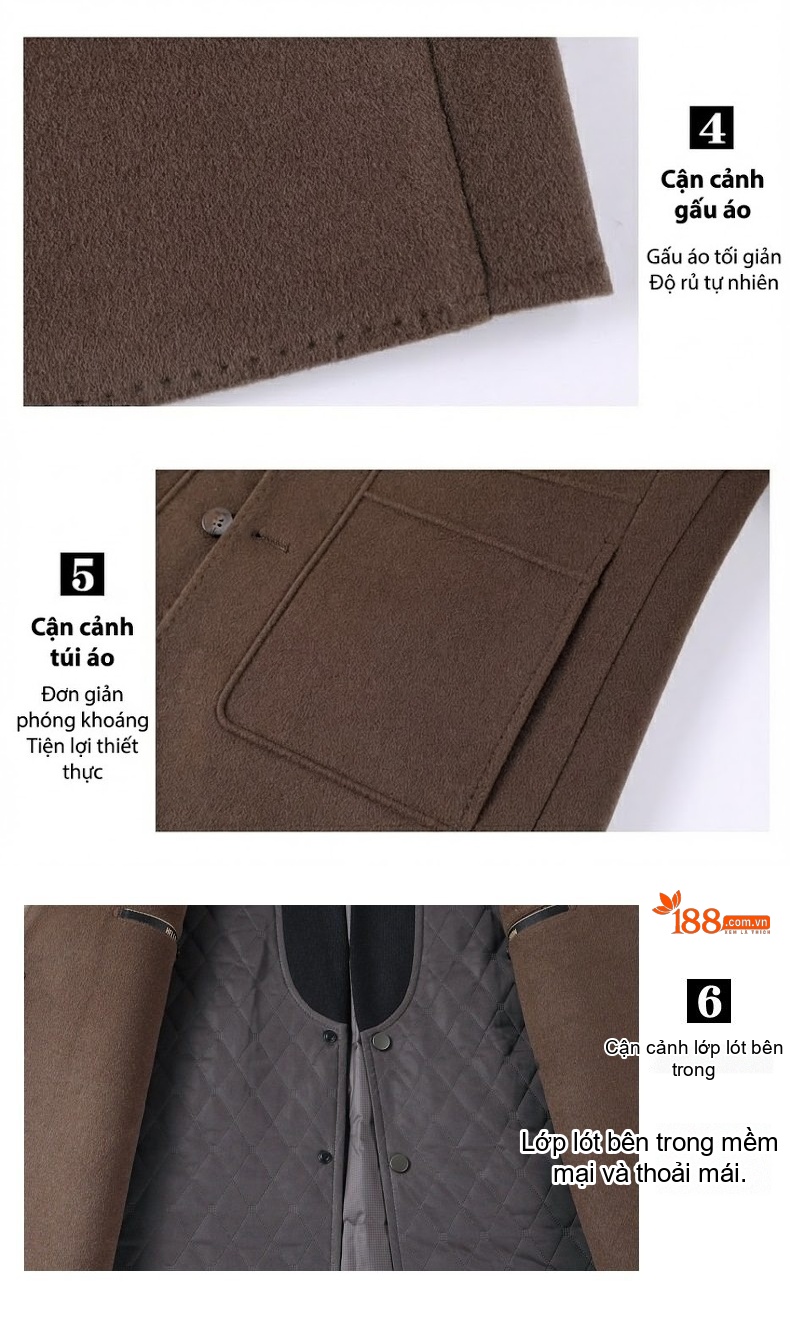 Áo Khoác Dạ Nam Lông Cừu Dáng Vest Trung Niên Giữ Ấm Màu Đen, Nâu chi tiết 14