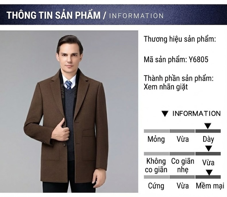Áo Khoác Dạ Nam Lông Cừu Dáng Vest Trung Niên Giữ Ấm Màu Đen, Nâu chi tiết 5