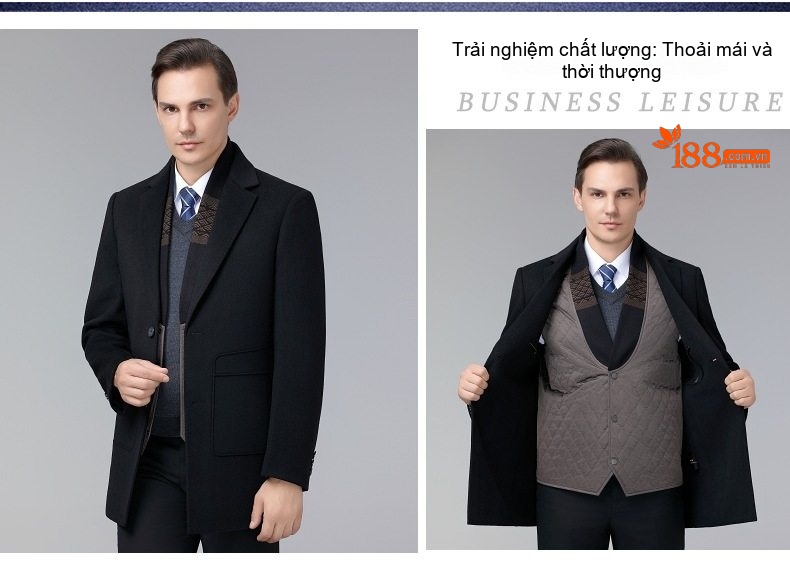Áo Khoác Dạ Nam Lông Cừu Dáng Vest Trung Niên Giữ Ấm Màu Đen, Nâu chi tiết 9