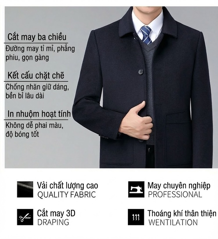 Áo Khoác Dạ Nam Lông Cừu Dày Dặn Có Lớp Lót Lông Vũ Màu Xám, Nâu chi tiết 3