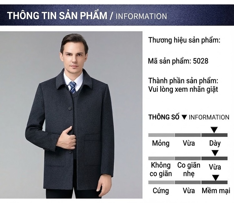 Áo Khoác Dạ Nam Lông Cừu Dày Dặn Có Lớp Lót Lông Vũ Màu Xám, Nâu chi tiết 6