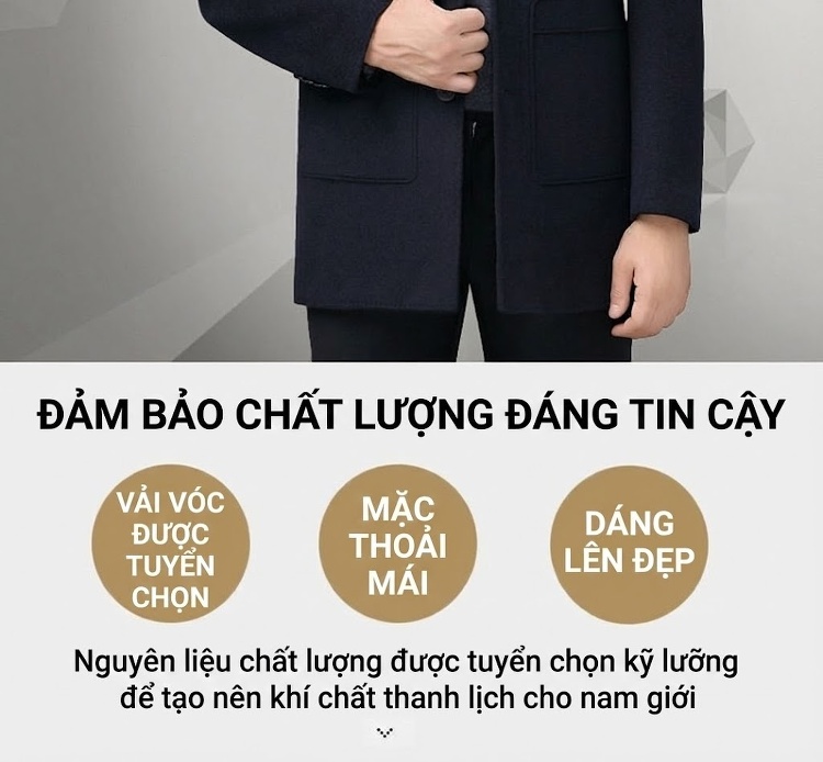Áo Khoác Dạ Nam Lông Cừu Dày Dặn Có Lớp Lót Lông Vũ Màu Xám, Nâu chi tiết 2
