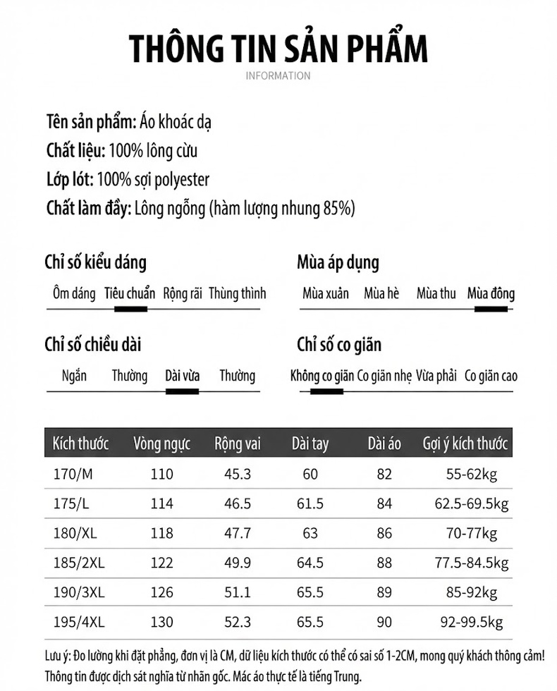 Áo Khoác Dạ Nam Lông Cừu Hai Mặt Dáng Dài Cúc Đôi Lớp Lót Lông Vũ Màu Nâu, Đen chi tiết 7