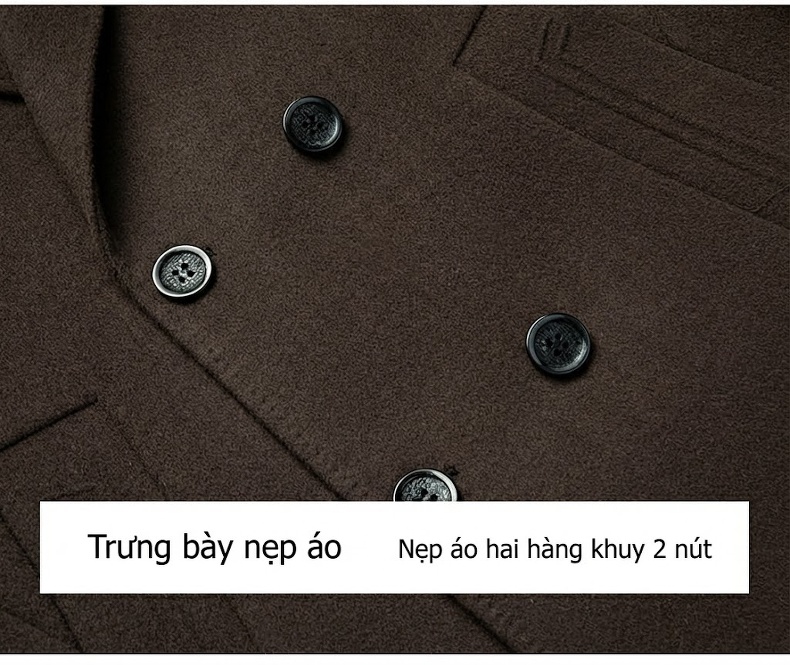 Áo Khoác Dạ Nam Lông Cừu Hai Mặt Dáng Dài Cúc Đôi Lớp Lót Lông Vũ Màu Nâu, Đen chi tiết 18