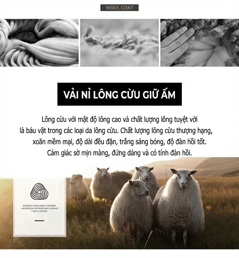 Áo Khoác Dạ Nam Lông Cừu Hai Mặt Dáng Dài Cúc Đôi Lớp Lót Lông Vũ Màu Nâu, Đen chi tiết 2