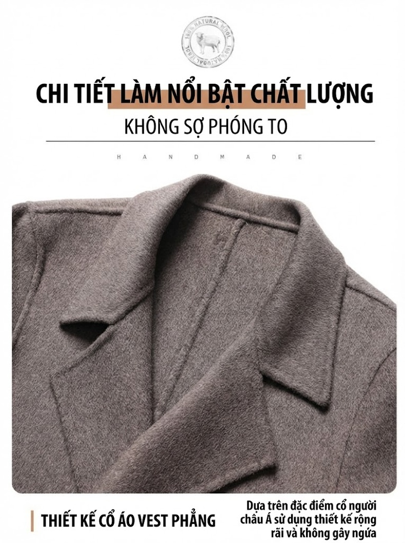 Áo Khoác Dạ Nam Lông Cừu Hai Mặt Dáng Ngắn Cổ chữ Vest Màu Đen, Nâu, Xám chi tiết 9