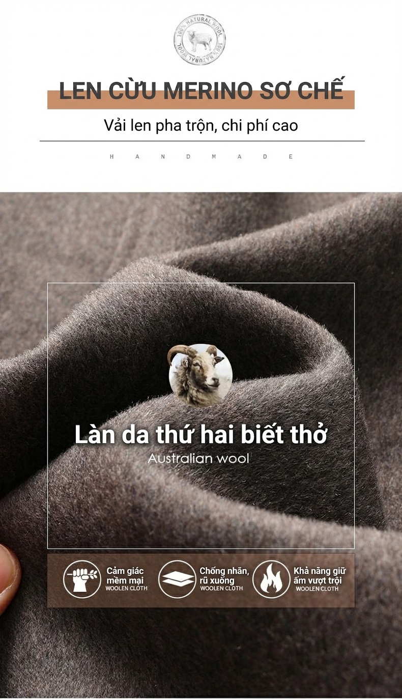 Áo Khoác Dạ Nam Lông Cừu Hai Mặt Dáng Ngắn Cổ chữ Vest Màu Đen, Nâu, Xám chi tiết 3