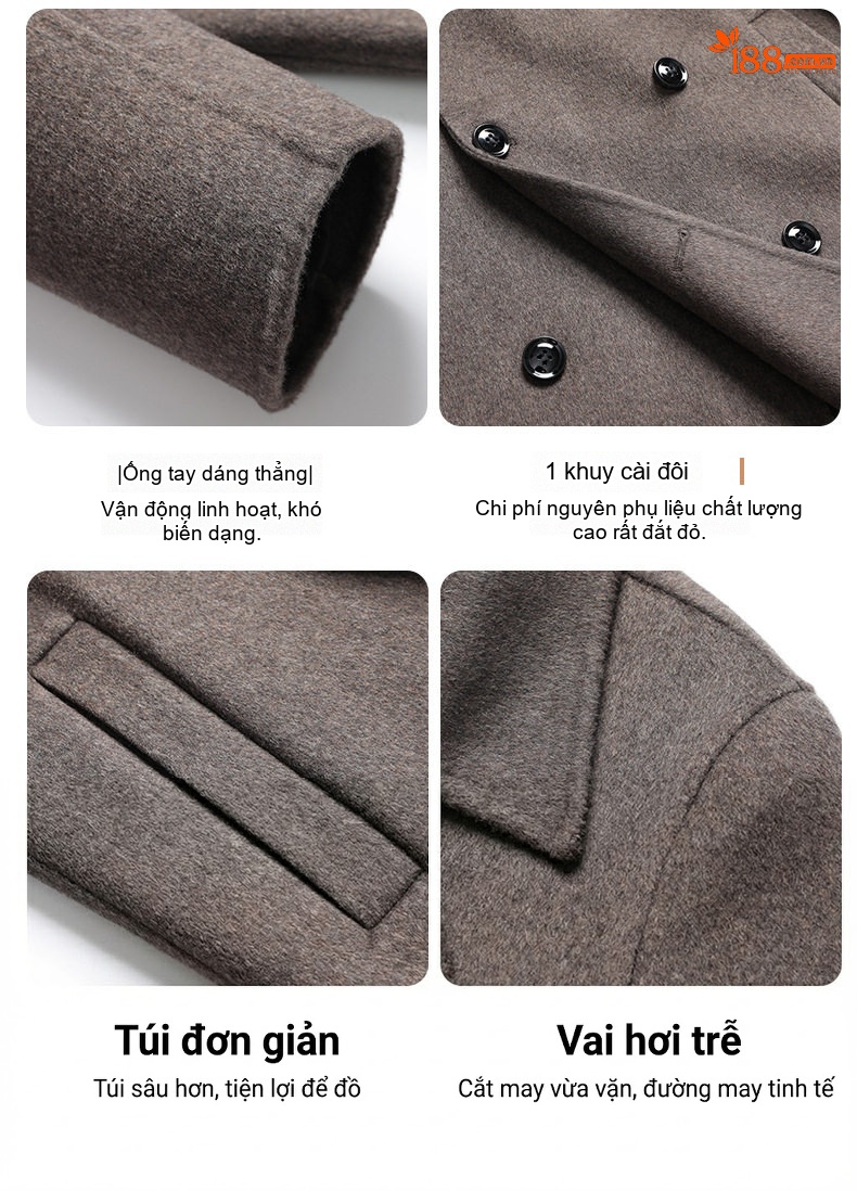 Áo Khoác Dạ Nam Lông Cừu Hai Mặt Dáng Ngắn Cổ chữ Vest Màu Đen, Nâu, Xám chi tiết 10