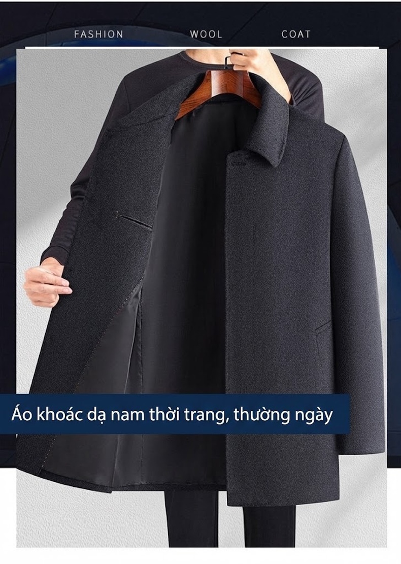 Áo Khoác Dạ Nam Lông Cừu Mùa Đông Dáng Dài Cổ Bẻ Màu Đen chi tiết 1