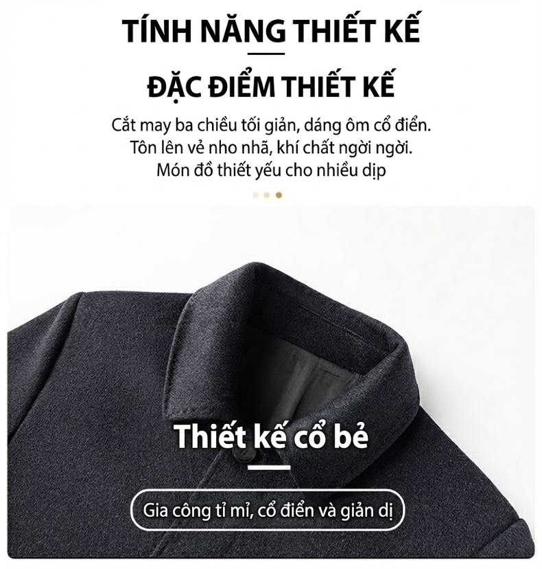 Áo Khoác Dạ Nam Lông Cừu Mùa Đông Dáng Dài Cổ Bẻ Màu Đen chi tiết 2