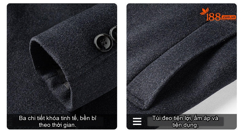 Áo Khoác Dạ Nam Lông Cừu Mùa Đông Dáng Dài Cổ Bẻ Màu Đen chi tiết 3