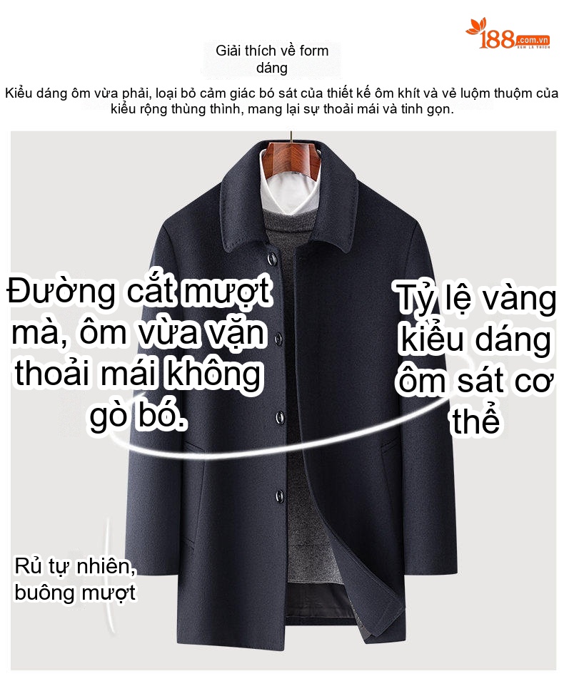 Áo Khoác Dạ Nam Lông Cừu Mùa Đông Dáng Dài Cổ Bẻ Màu Đen chi tiết 4